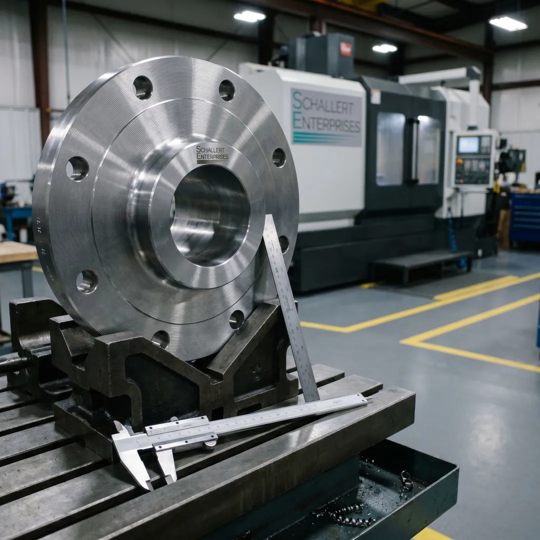 Machinist fabricating a large steel pipeline flange