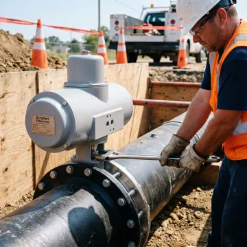 Technician operating water line stop equipment