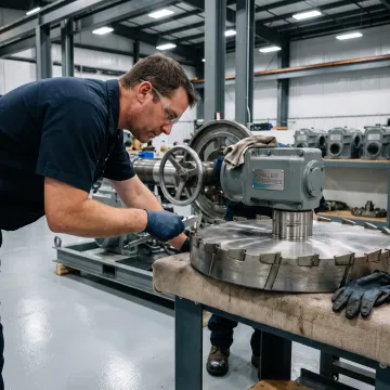Technician inspecting a custom pipeline cutter