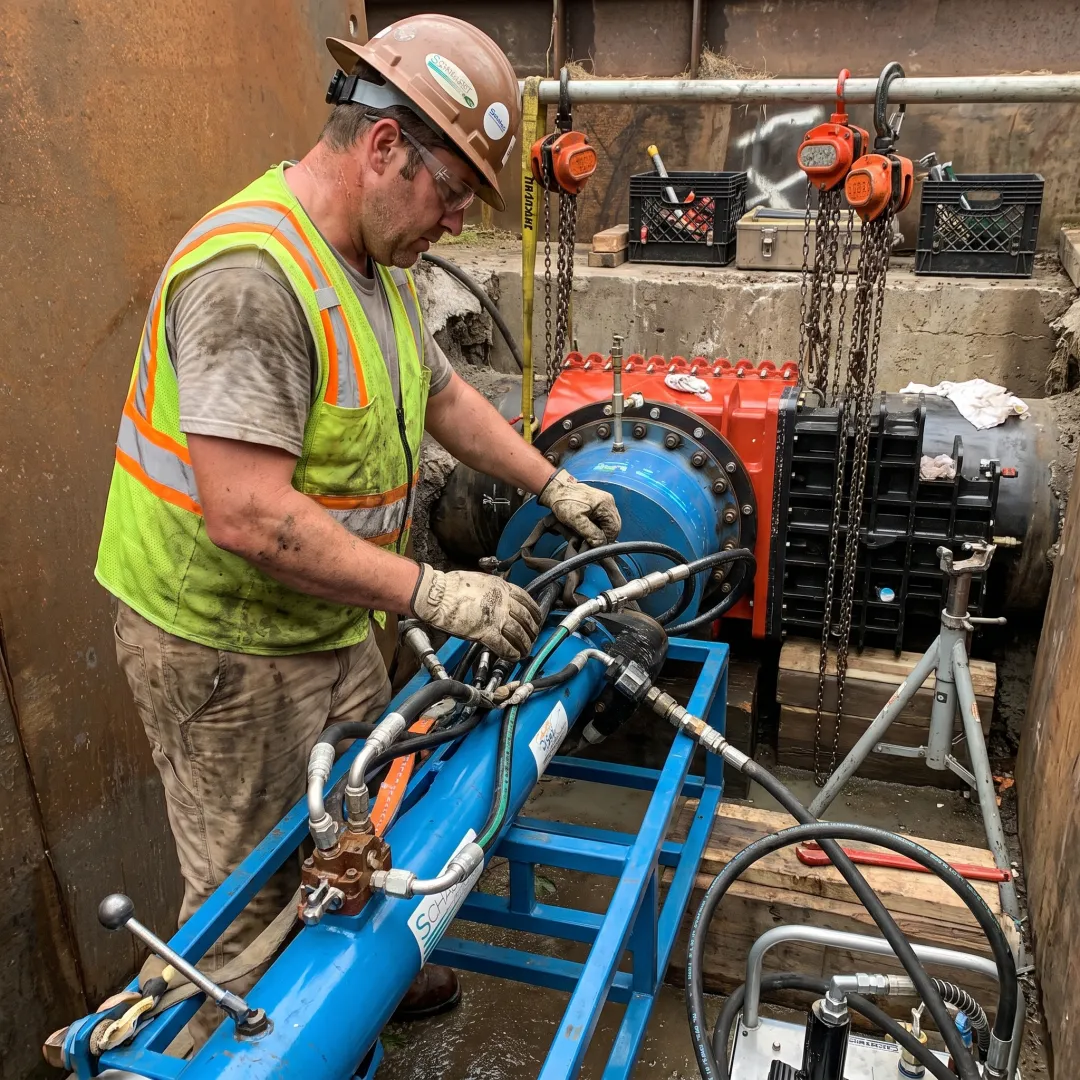 Technician performing a live tap on a pressurized pipeline