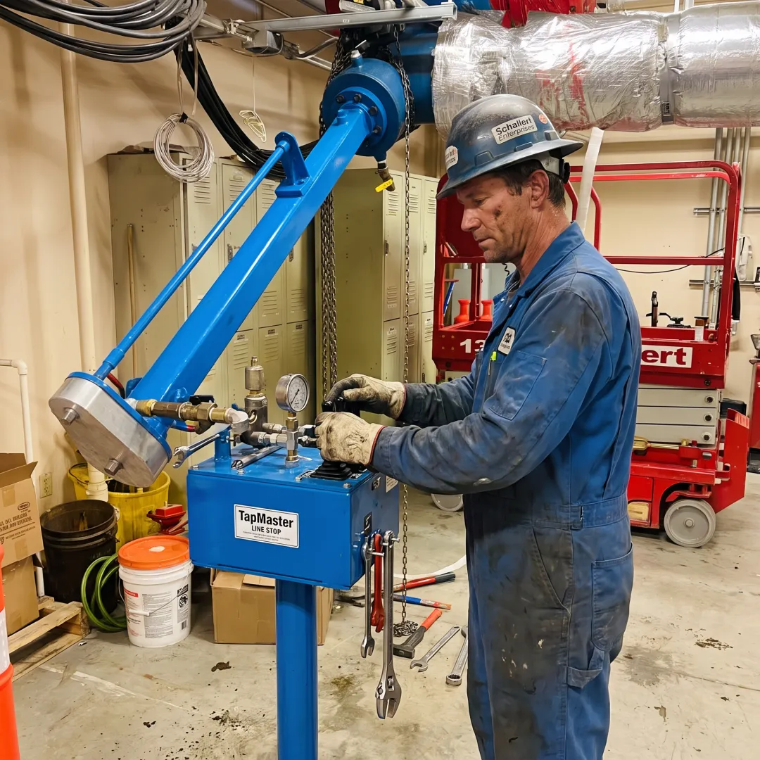 Technician operating pipeline line stop equipment