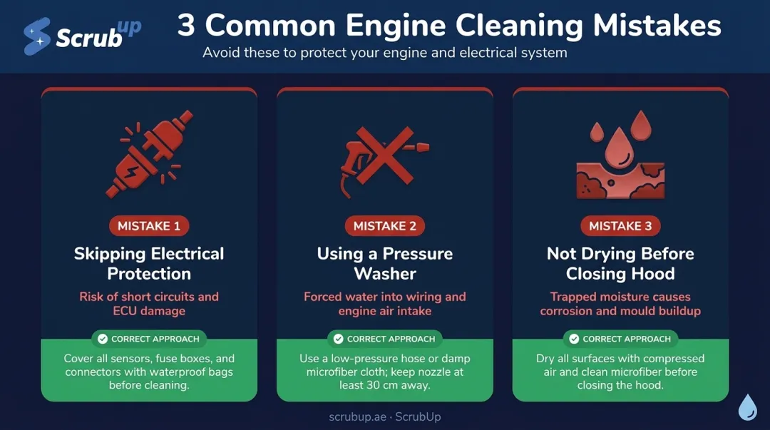 Three common DIY engine cleaning mistakes and consequences comparison infographic