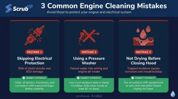 Three common DIY engine cleaning mistakes and consequences comparison infographic