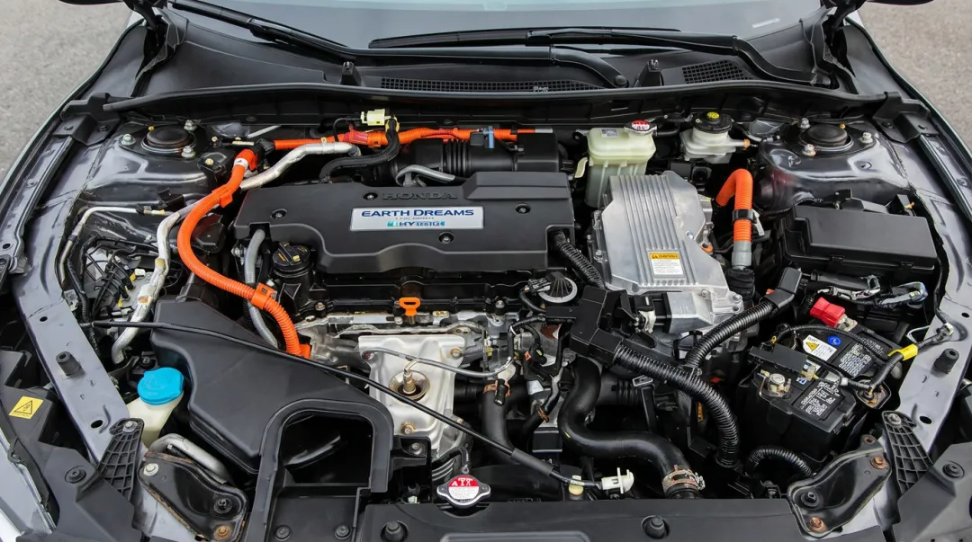 Electric vehicle engine bay with high-voltage warning labels and orange wiring harness