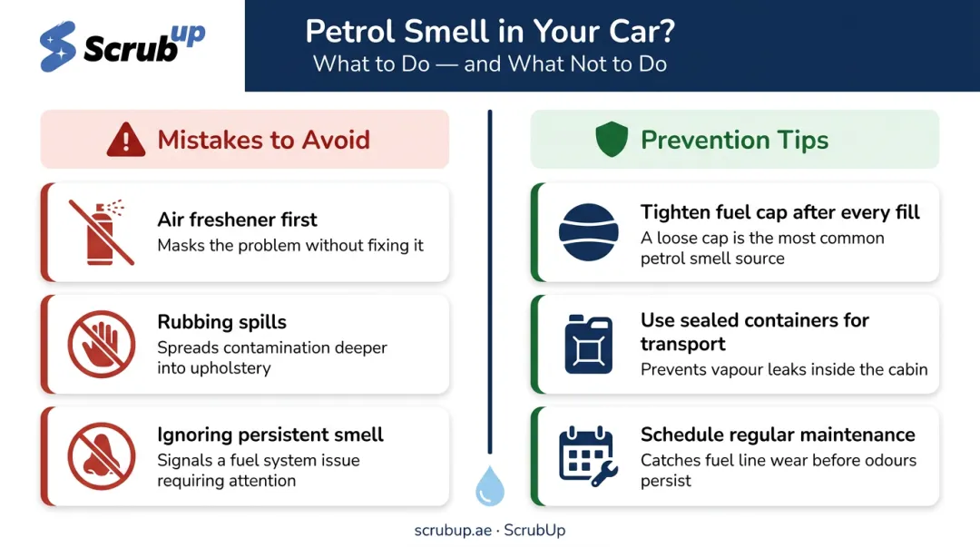 Three common petrol smell mistakes versus three prevention tips comparison infographic