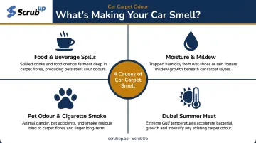 Four main causes of car carpet odour comparison infographic Dubai heat