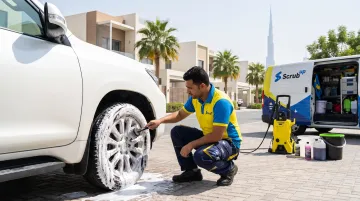 ScrubUp mobile technician performing pH-balanced eco wash on car wheels
