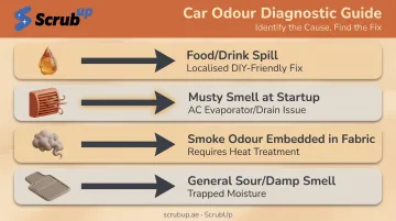 Car odour source diagnosis chart matching smell type to cause