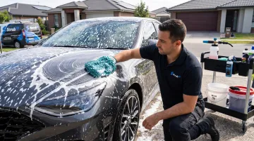ScrubUp mobile detailing technician hand-washing ceramic coated car at home