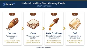 Four-step natural leather conditioning process vacuum clean apply buff infographic