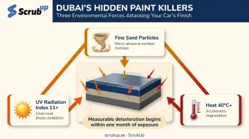 Dubai paint damage triple threat UV sand and heat degradation infographic