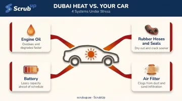 Four Dubai heat-accelerated vehicle wear points illustrated system breakdown infographic
