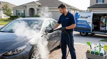 ScrubUp mobile car wash technician using eco-friendly waterless cleaning method on vehicle