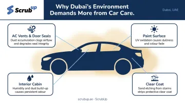 Dubai-specific vehicle damage factors from UV dust and sandstorms infographic