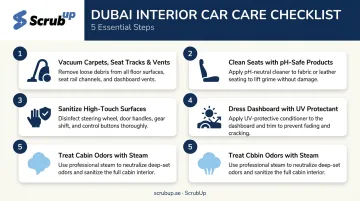 Five-step Dubai car interior cleaning checklist covering vents seats dashboard and odors