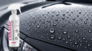 Ceramic-infused waterless wash and wax product bottle with ceramic coating bead effect
