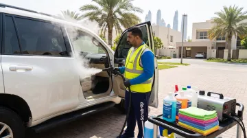ScrubUp mobile car wash technician steam cleaning coated vehicle in Dubai