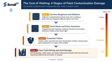 Four-stage paint contamination damage progression from surface roughness to clear coat etching