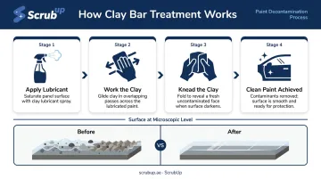 Clay bar decontamination process showing step-by-step panel treatment technique