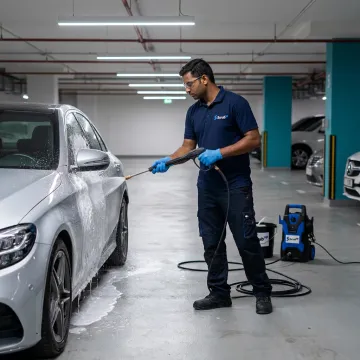 Mobile car wash technician cleaning a parked vehicle