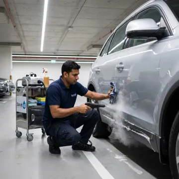 Technician washing a car in a parking area