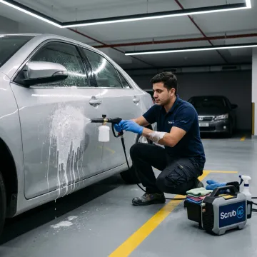 Mobile car wash technician cleaning a vehicle