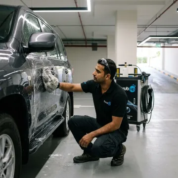 Mobile car wash technician cleaning a car in parking