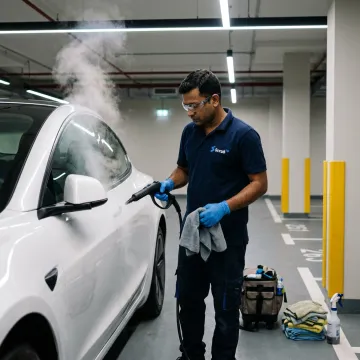 Technician detailing a Tesla in a Dubai parking garage