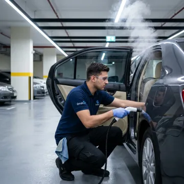 Mobile technician steam cleaning car interior