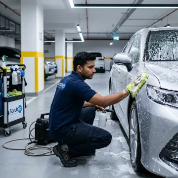 Mobile technician cleaning a car at a parking spot