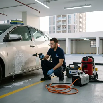Doorstep mobile car wash service cleaning a parked car