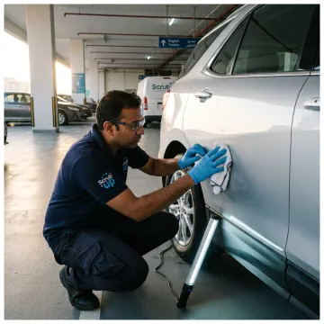 Car detailing technician polishing a vehicle