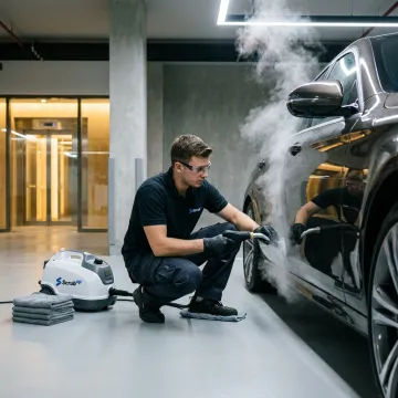 Technician polishing car paint