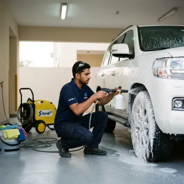 Mobile car wash technician cleaning a Toyota Land Cruiser