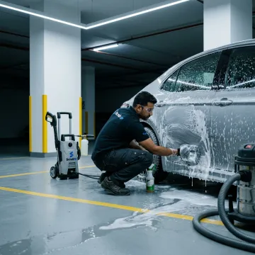 Mobile technician washing car in parking area