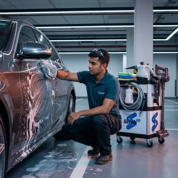 Mobile car wash technician cleaning vehicle in Dubai parking area