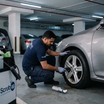 Mobile technician cleaning and shining car tyres