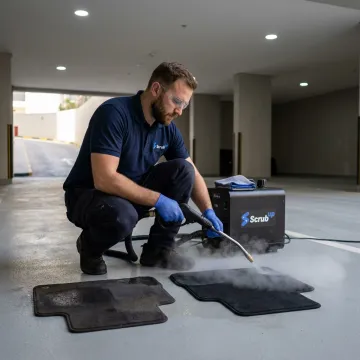 Technician steam cleaning car floor mats