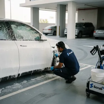 Tesla receiving a mobile car wash in Dubai