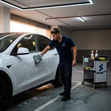 Mobile car wash technician cleaning a Tesla in Dubai parking