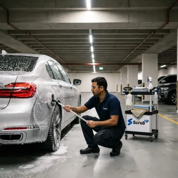 Mobile car wash in a Dubai parking area