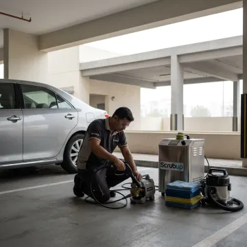 Mobile car wash technician preparing equipment