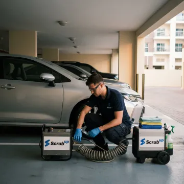 Mobile car wash process in Dubai parking area
