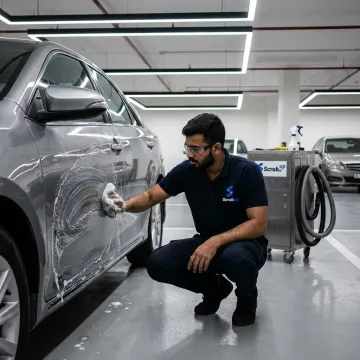 Mobile car wash technician cleaning vehicle