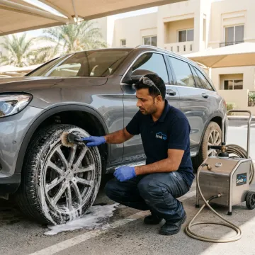 Mobile technician cleaning car wheels