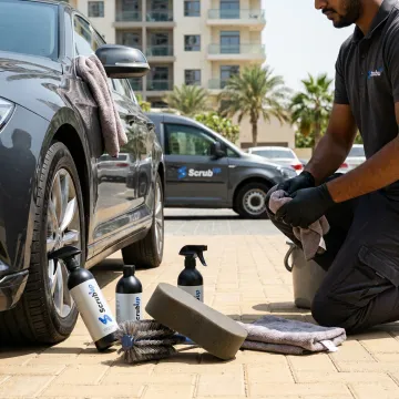 Car care products arranged beside a clean vehicle