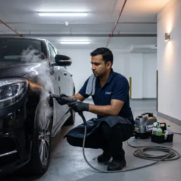 Technician applying graphene coating to a luxury car