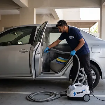 Mobile technician detailing a car interior