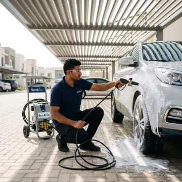 Technician washing a car at a residential parking space