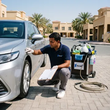 Technician inspecting a car before detailing